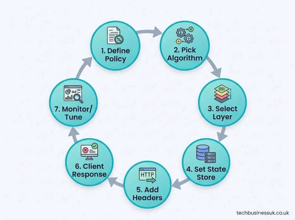 Seven steps of API rate limiting implementation: define policy, pick algorithm, select layer, set state store, add headers, handle client response, and monitor.