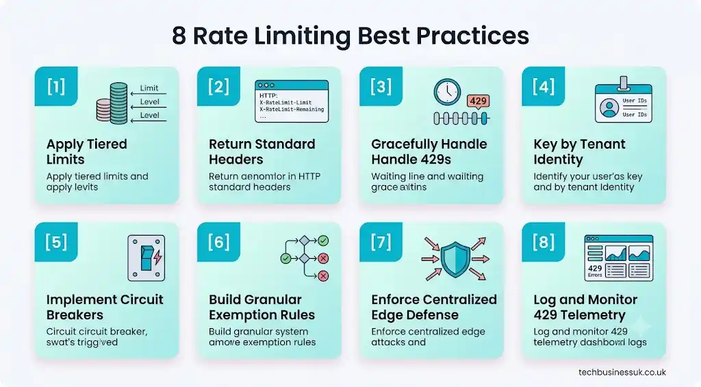 8 API rate limiting best practices including tiered limits, standard headers, graceful 429 handling, tenant-based keying, circuit breakers, exemption rules, edge defense, and monitoring.