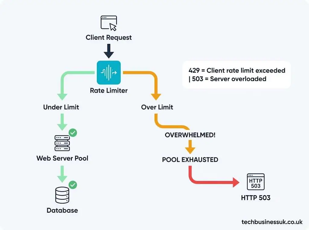 HTTP 429 vs 503 comparison infographic showing rate limiting and server overload differences.