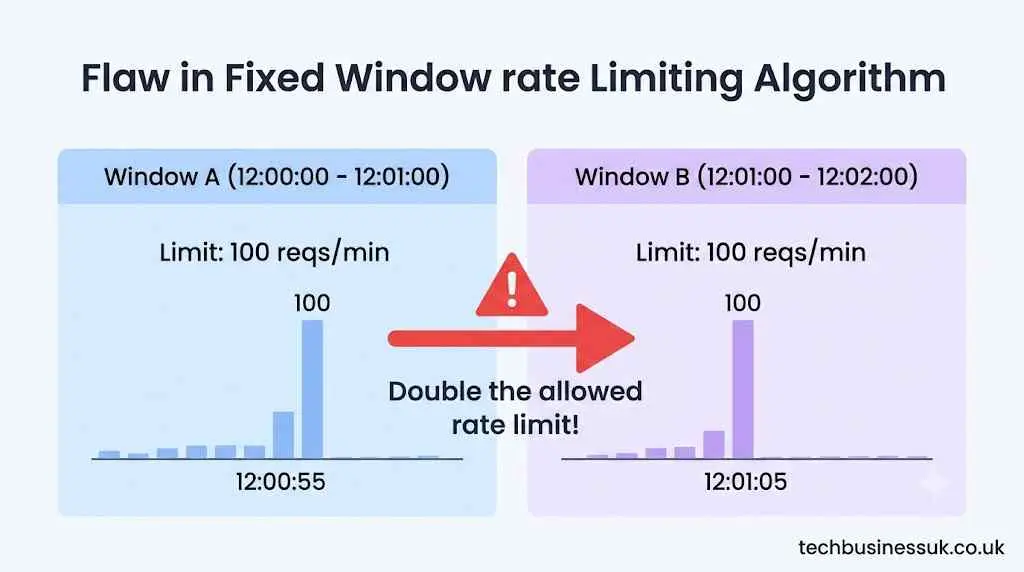 Fixed window rate limiting algorithm flaw showing 200 requests within a 10-second window.