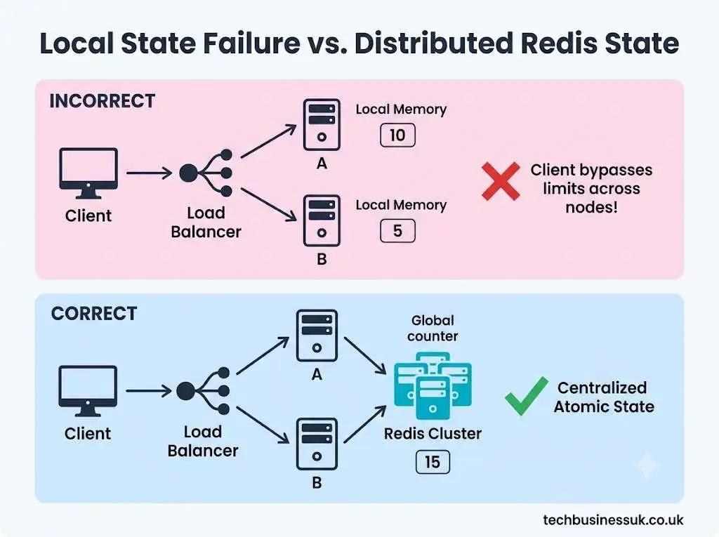 Distributed rate limiting with Redis comparison showing local state failure vs centralized Redis cluster state.