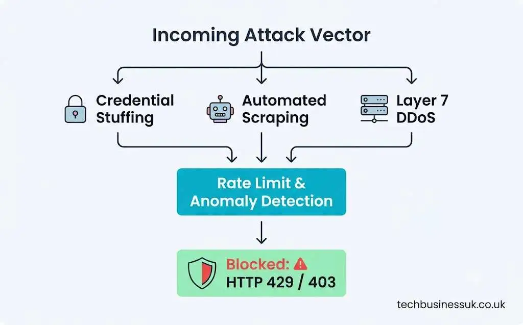 Rate limiting as a security tool infographic showing blocking credential stuffing, automated scraping, and DDoS attacks.