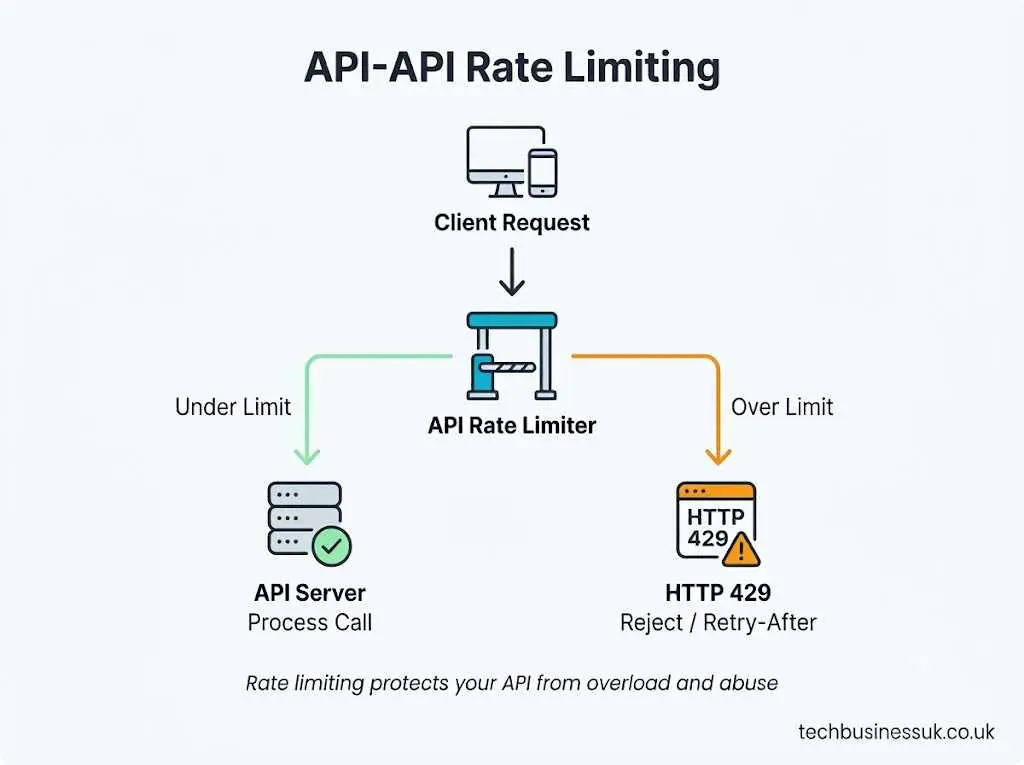 API rate limiting flowchart showing client request through rate limiter to API server or HTTP 429 rejection.