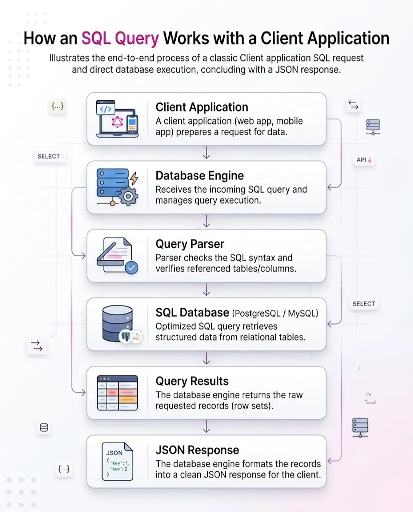 Infographic showing how a GraphQL API uses resolvers to query a PostgreSQL or MySQL database and return the requested data as a structured JSON response.