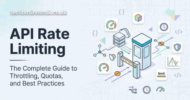 API rate limiting featured image showing a gate/toll booth icon with traffic control elements, speedometer, clock, and shield, titled "API Rate Limiting: The Complete Guide to Throttling, Quotas, and Best Practices" with techbusinessuk.co.uk branding.