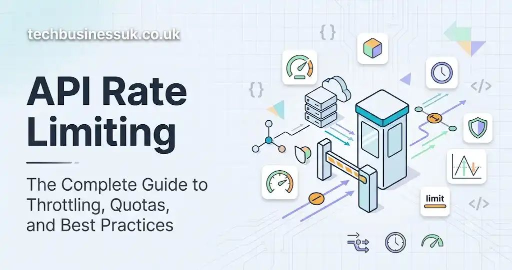 API rate limiting featured image showing a gate/toll booth icon with traffic control elements, speedometer, clock, and shield, titled "API Rate Limiting: The Complete Guide to Throttling, Quotas, and Best Practices" with techbusinessuk.co.uk branding.