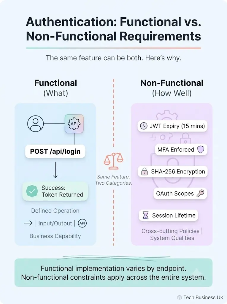 Functional vs non-functional requirements split-screen infographic: functional side shows POST /login operation; non-functional side shows JWT expiry, MFA, encryption, OAuth, and session policies.