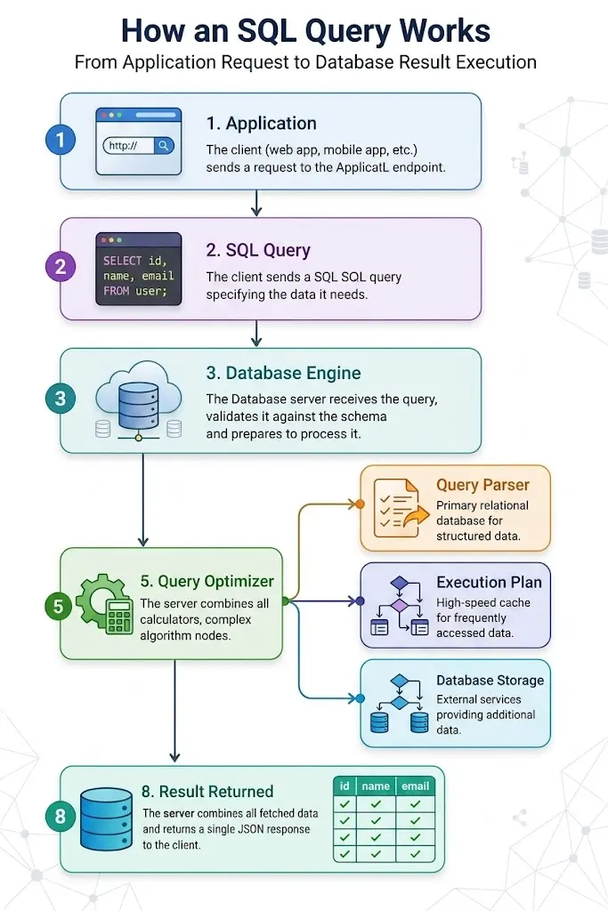 Infographic illustrating how an SQL query works, showing the flow from an application through the database engine, query parser, optimizer, execution plan, and database storage before returning the results.