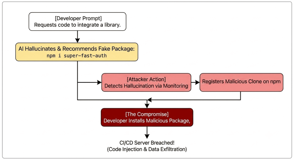 DevSecOps diagram showing a GitHub Copilot package hallucination and slopsquatting supply chain exploit route.