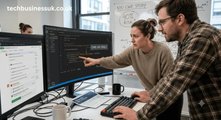 AppSec team reviewing GitHub Copilot security concerns in VS Code beside a whiteboard referencing the NYU 40% study.