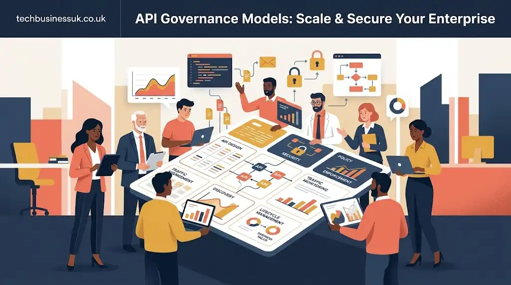 Modern editorial illustration showing team collaboration and architectural structure of an enterprise API governance model