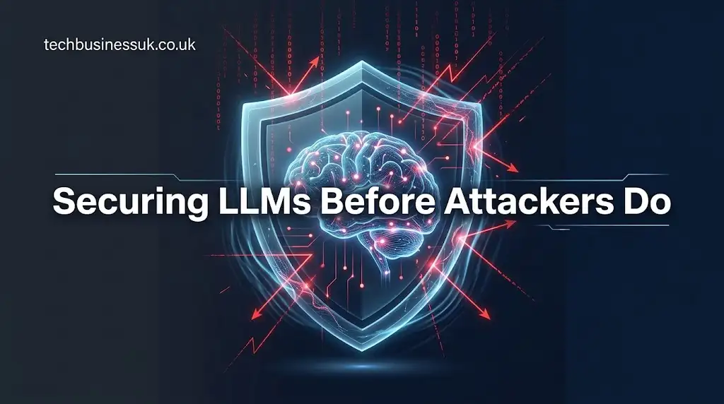 AI red teaming concept showing a glowing digital shield protecting a large language model from prompt injection vectors and adversarial cyber attacks.