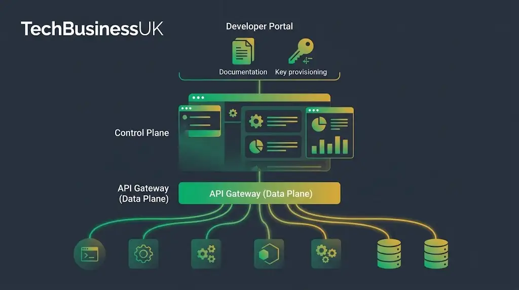 Enterprise API management platform architecture diagram showing developer portals, analytics, and gateway routing on TechBusinessUK.