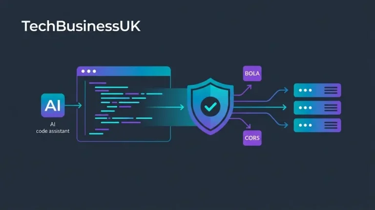 Digital API security shield filtering data traffic to prevent api security risks and BOLA vulnerabilities, with TechBusinessUK branding on a dark slate background.