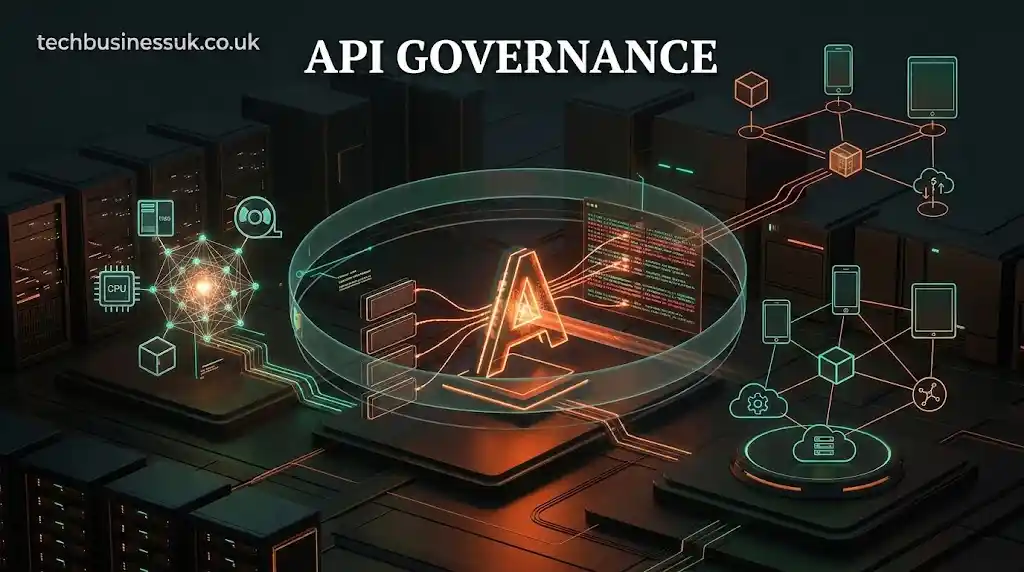 Illustration of a centralized Enterprise API Governance framework managing design, security, and lifecycle flows across cloud-native and legacy microservices architectures.
