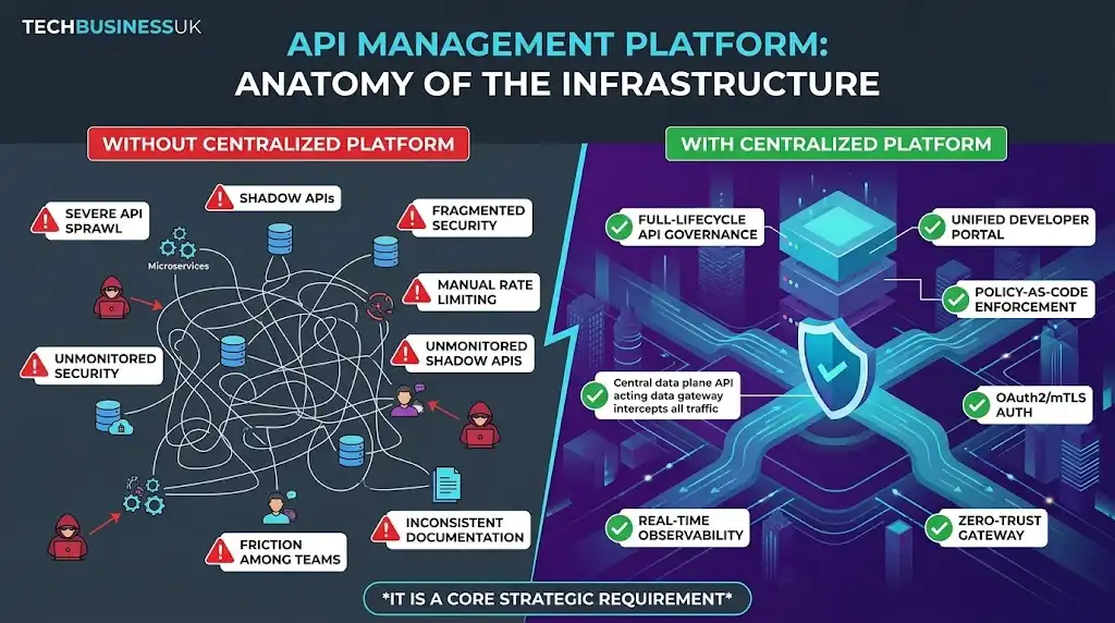 Enterprise API management platform architecture diagram contrasting fragmented API sprawl with a unified zero-trust gateway structure on TechBusinessUK.