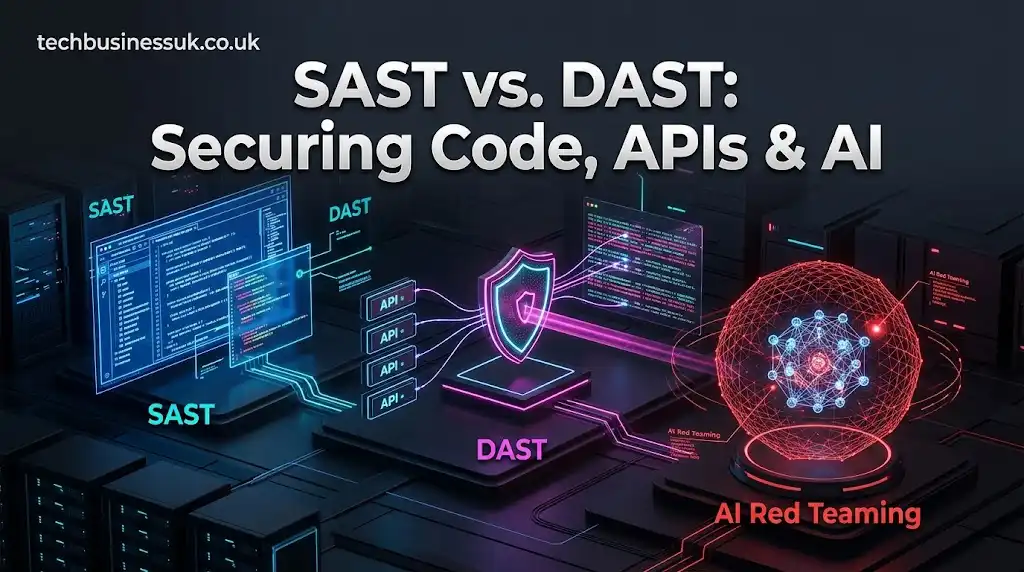 Comparison diagram for SAST vs DAST illustrating SAST code scanning, DAST dynamic network testing, and AI Red Teaming layers for enterprise application security.