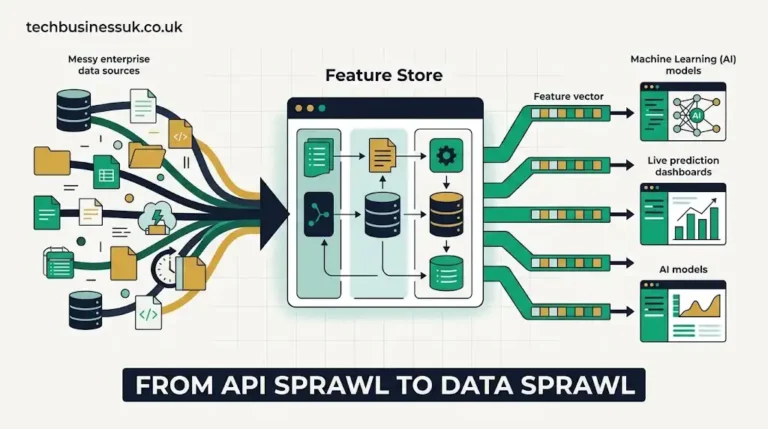 Editorial vector diagram illustrating Feature Store architecture unifying enterprise data sprawl into structured machine learning pipelines on techbusinessuk.co.uk