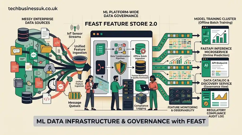 Isometric architectural illustration of the open-source Feast feature store unifying offline data warehouses, Redis online storage, and FastAPI real-time prediction microservices.