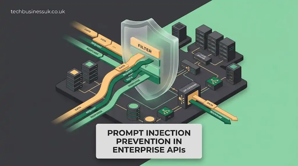 Editorial vector graphic illustrating prompt injection prevention for enterprise APIs on techbusinessuk.co.uk