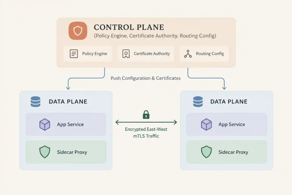 Service mesh architecture showing control plane, data planes, sidecar proxies, and encrypted mTLS traffic.