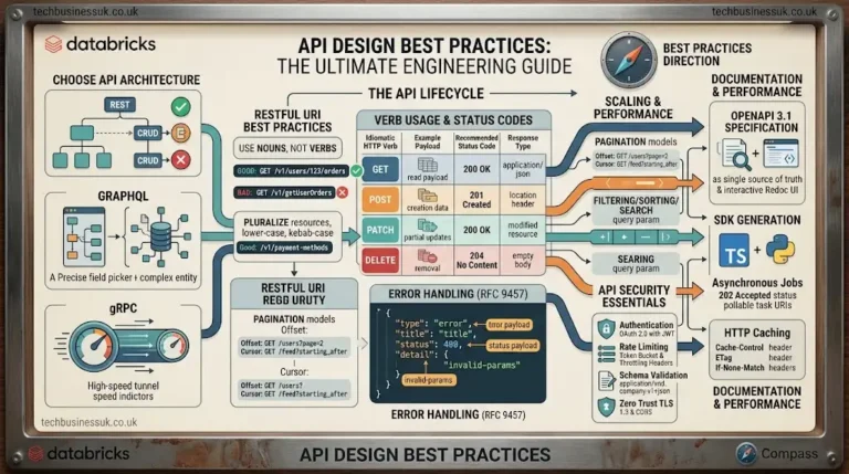 Comprehensive architectural diagram detailing REST API design best practices, including URI naming conventions, HTTP verb usage, error handling RFC 9457, and security guidelines.