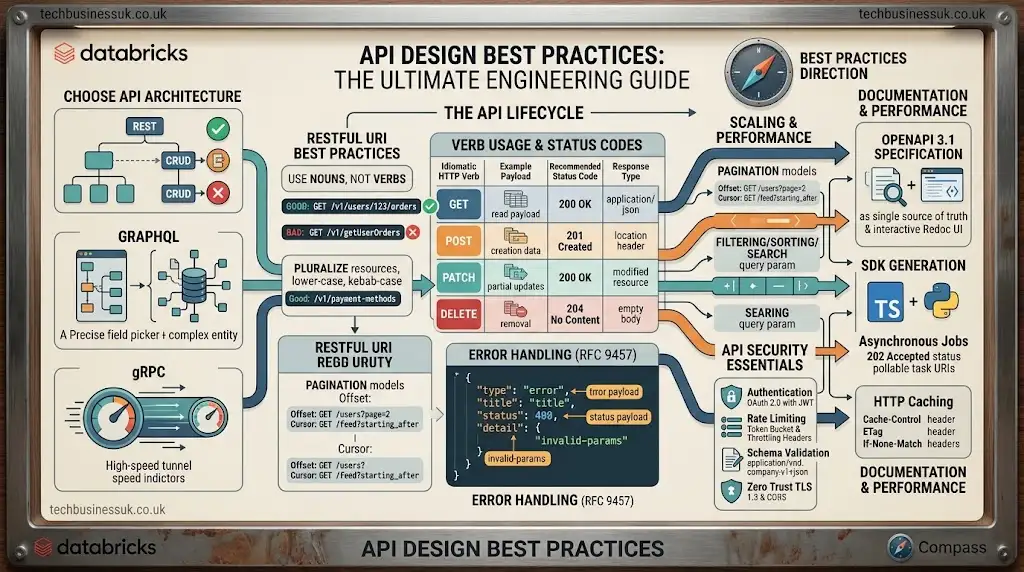 Comprehensive architectural diagram detailing REST API design best practices, including URI naming conventions, HTTP verb usage, error handling RFC 9457, and security guidelines.