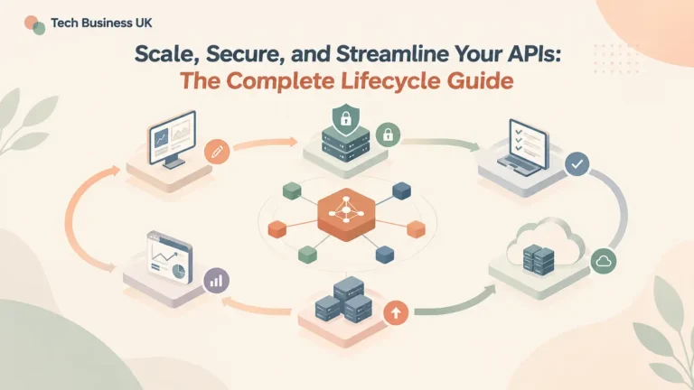 Flat vector illustration of connected digital nodes and cloud pipelines representing enterprise api lifecycle management.