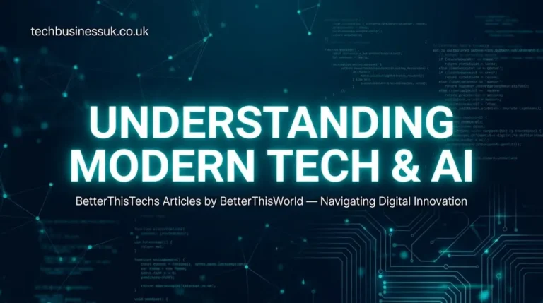 BetterThisTechs News BetterThisWorld featured banner graphic with techbusinessuk.co.uk branding and headline reading Understanding Modern Tech & AI over a glowing circuit and digital network canvas.