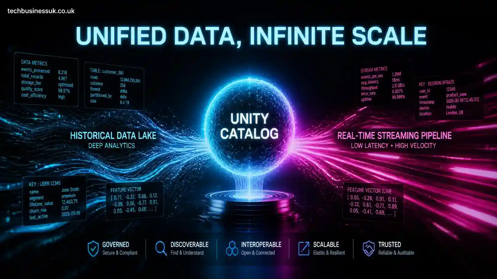 Diagram showing the workflow of Databricks Feature Store in Unity Catalog, connecting raw data ingestion, feature tables, model training, and online real-time serving endpoints.
