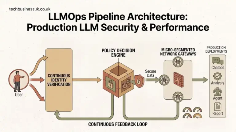 Flat vector technical diagram illustrating an end-to-end LLMOps pipeline with data flow, vector stores, and evaluation metrics.