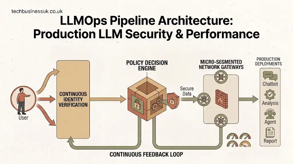 Flat vector technical diagram illustrating an end-to-end LLMOps pipeline with data flow, vector stores, and evaluation metrics.