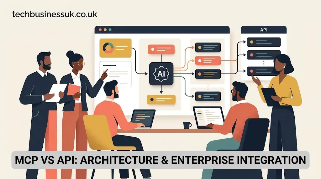 Editorial vector graphic illustrating MCP vs API architecture and enterprise AI tool integration on techbusinessuk.co.uk