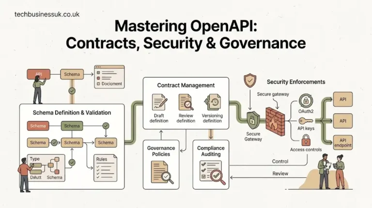 Flat vector illustration of OpenAPI Specification and API governance in soft warm tones with techbusinessuk.co.uk branding and title.