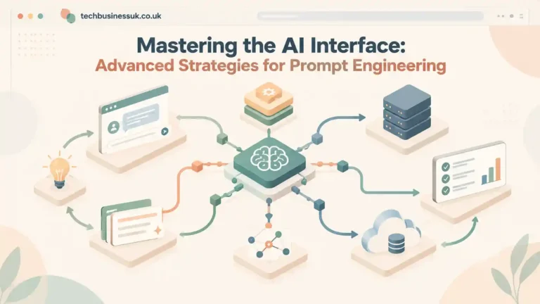 Flat-design vector illustration of interconnected AI data pipelines depicting prompt engineering strategies for tech business.