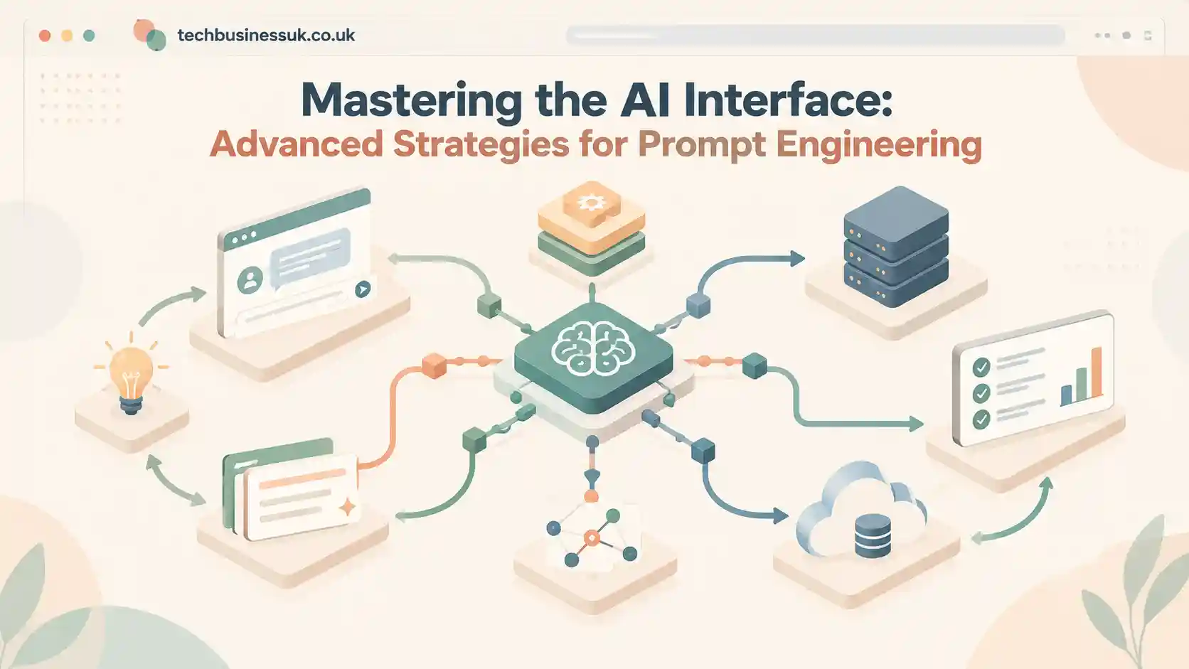 Flat-design vector illustration of interconnected AI data pipelines depicting prompt engineering strategies for tech business.