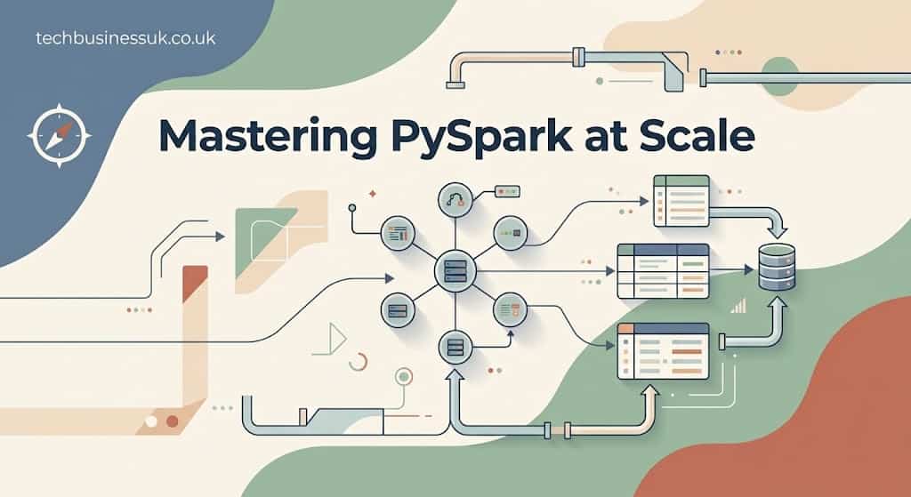 A modern vector infographic for a tech article, designed in a clean, high-detail minimalist style with a flat design layout. The dynamic background features soft pastel tones, subtle tech business branding text "techbusinessuk.co.uk," and the bold, highly readable headline "Mastering PySpark at Scale." Central visuals include stylized parallel data pipelines, distributed computing hubs, and structured database icons illustrating complex data processing flow.