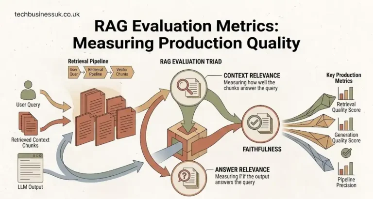 Comprehensive technical diagram explaining RAG evaluation metrics and the RAG Triad framework to eliminate production LLM hallucinations.