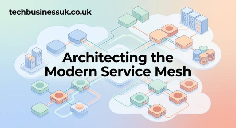 A modern pastel diagram illustrating an enterprise service mesh architecture connecting secure microservices and cloud nodes.
