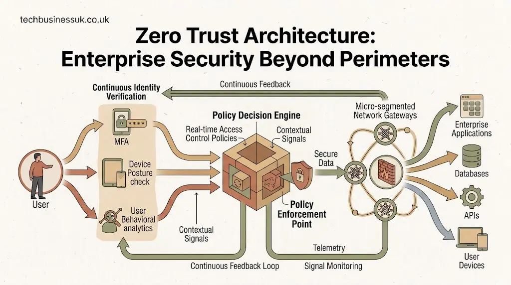 Editorial vector infographic illustrating showing what is Zero Trust Architecture concepts including continuous identity verification, policy enforcement points, and micro-segmented access control.