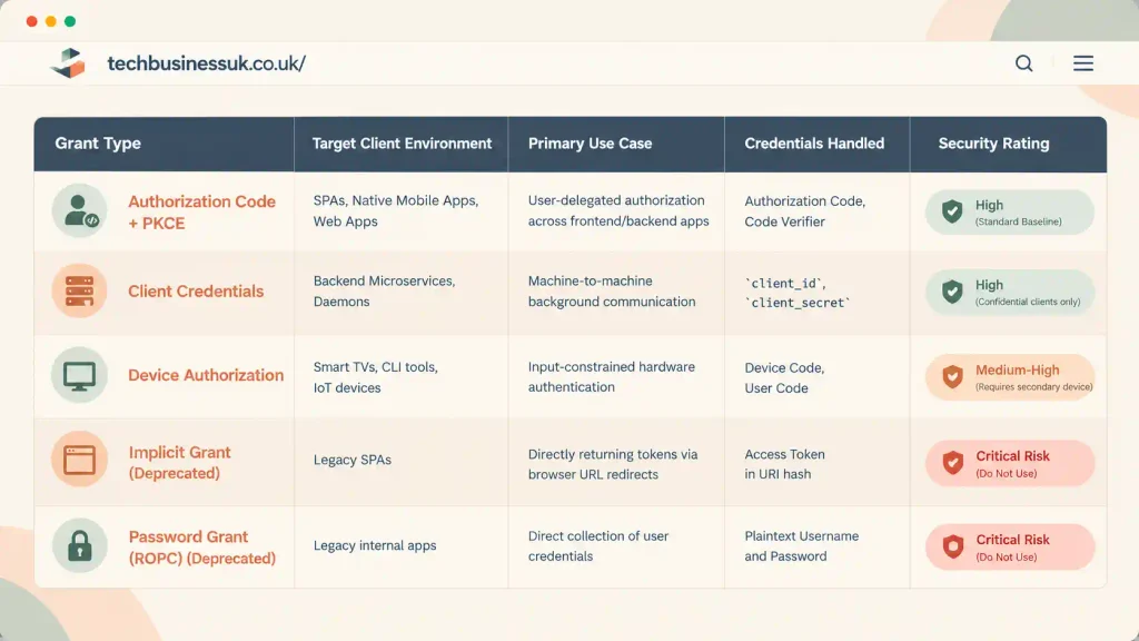 OAuth 2.0 grant types comparison table showing Authorization Code with PKCE, Client Credentials, Device Authorization, Implicit Grant, and Password Grant, including client environments, use cases, credentials, and security ratings.