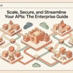Isometric tech illustration showing connected API security posture management network nodes and governance pipelines.