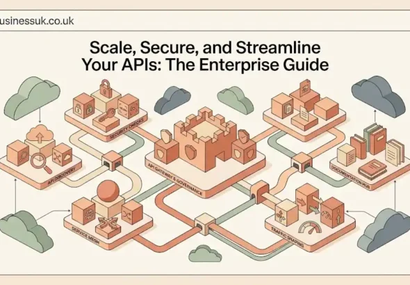 Isometric tech illustration showing connected API security posture management network nodes and governance pipelines.