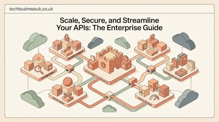 Isometric tech illustration showing connected API security posture management network nodes and governance pipelines.