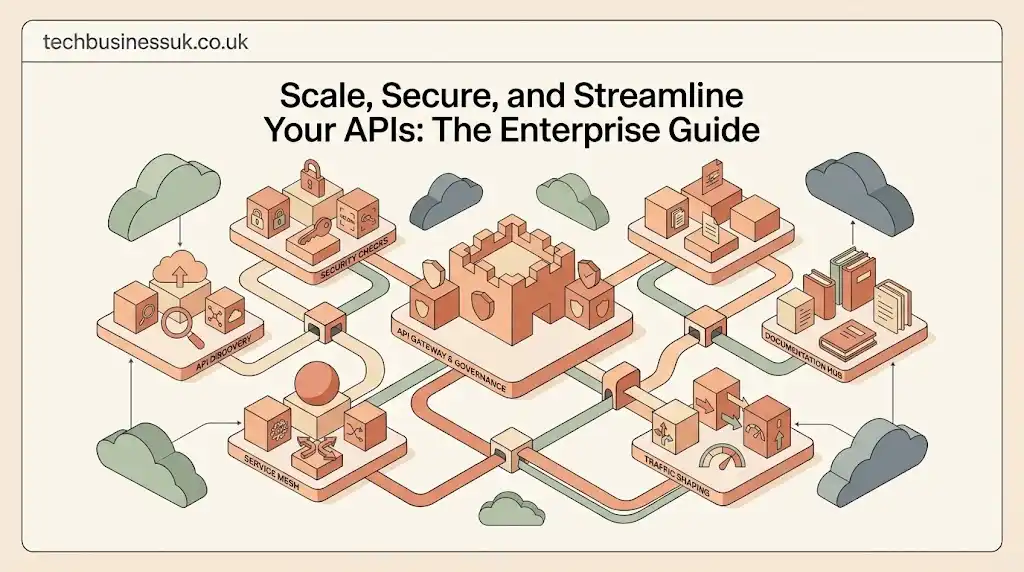Isometric tech illustration showing connected API security posture management network nodes and governance pipelines.