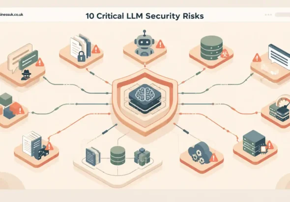 owasp llm top 10 security illustration showing an AI model protected by interconnected risk and defense layers