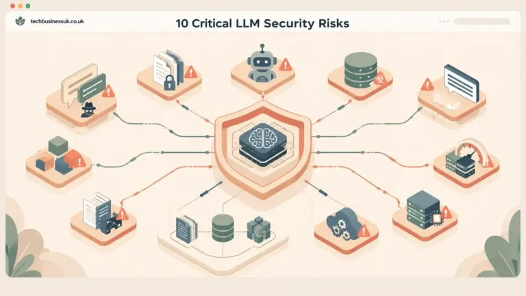 owasp llm top 10 security illustration showing an AI model protected by interconnected risk and defense layers