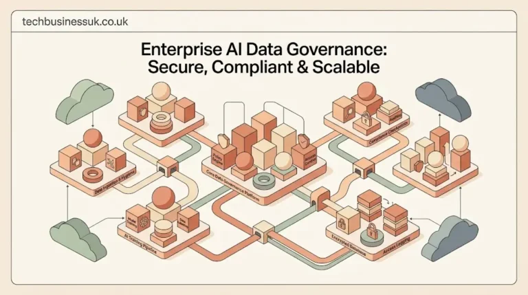 Isometric vector diagram illustrating enterprise AI data governance pipelines with floating data blocks and secure networks.