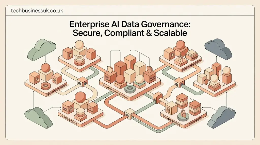Isometric vector diagram illustrating enterprise AI data governance pipelines with floating data blocks and secure networks.
