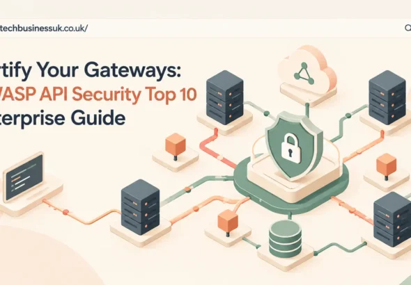 Isometric diagram of a secure API network shield representing the OWASP API security top 10 enterprise guide.